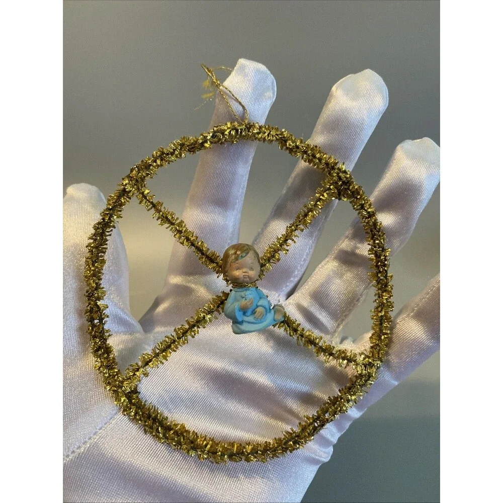 Vintage Christmas Ornament Gold Tinsel Wire Circle with Baby Jesus Handmade